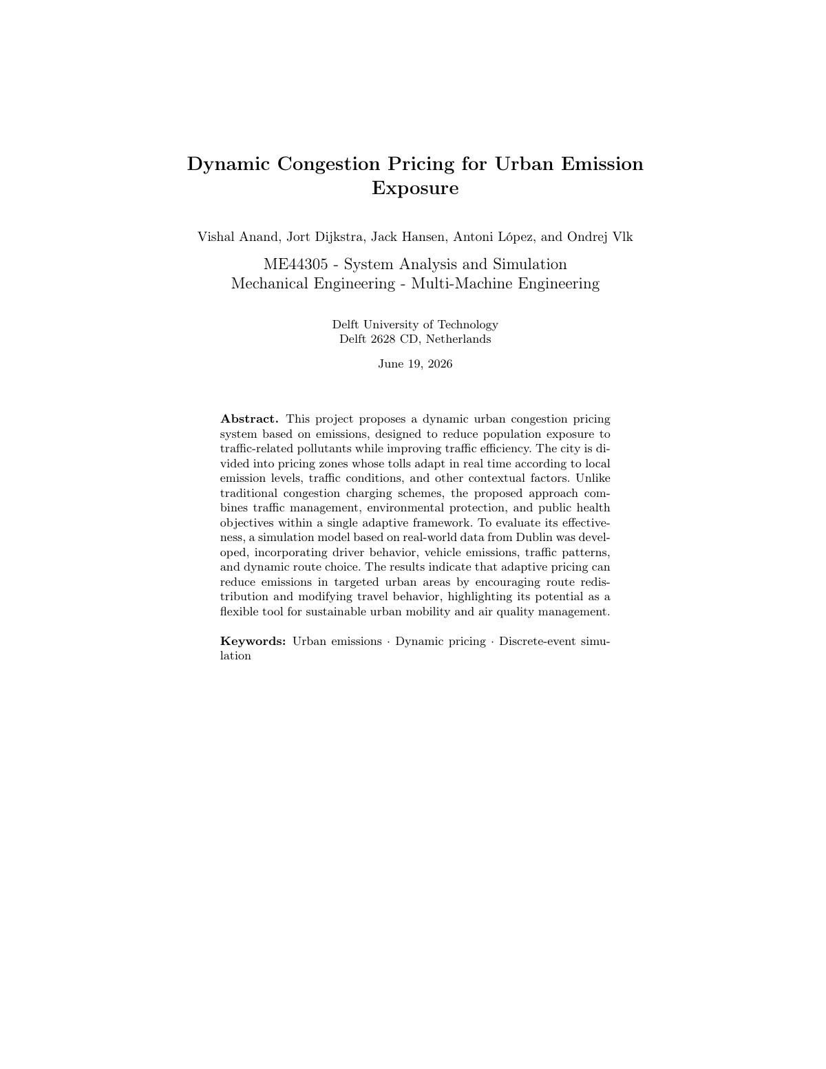 Dynamic Congestion Pricing for Urban Emission Exposure, page 1 of 41