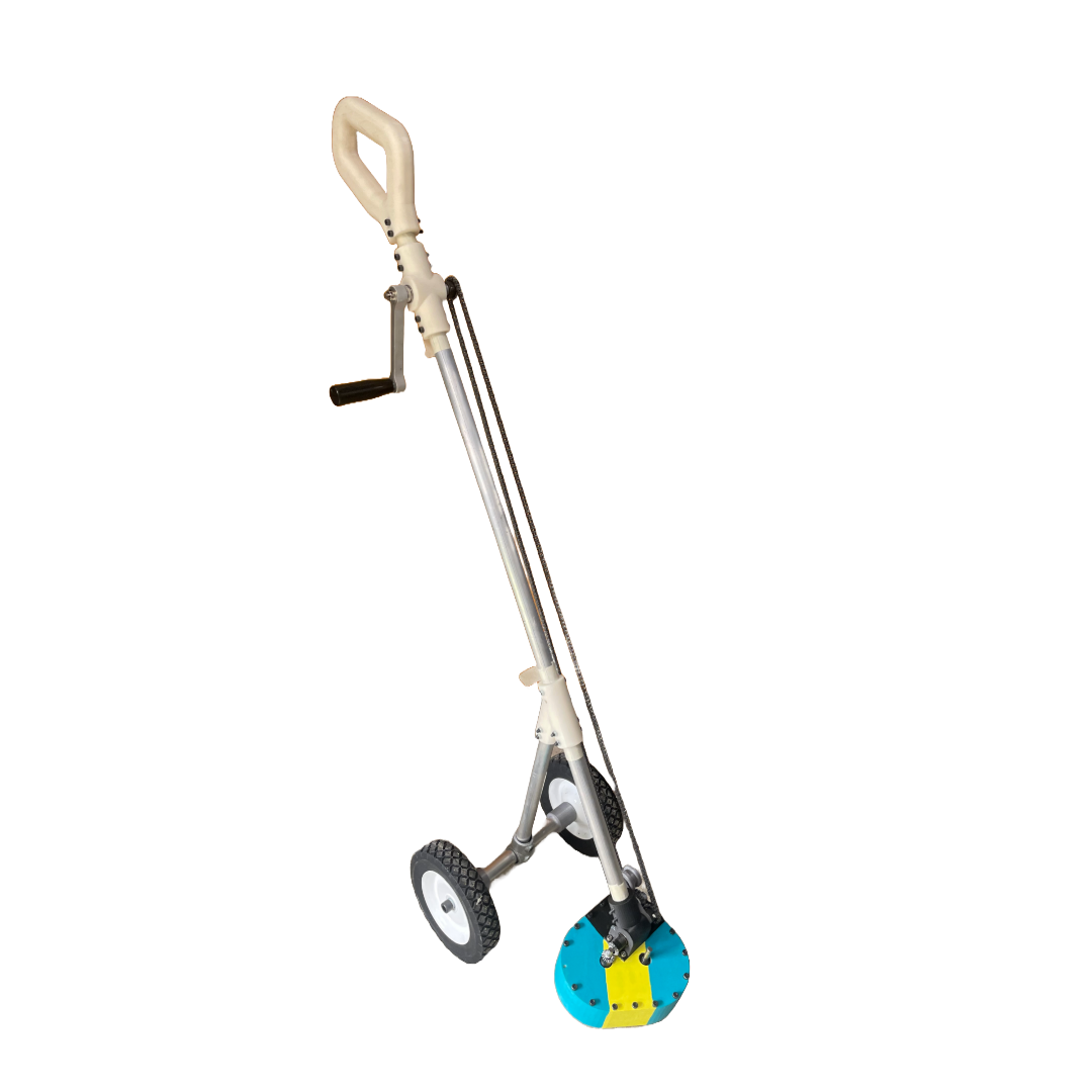Completed EcoTrim human-powered string trimmer with hand crank, chain drive, two wheels and front cutting head