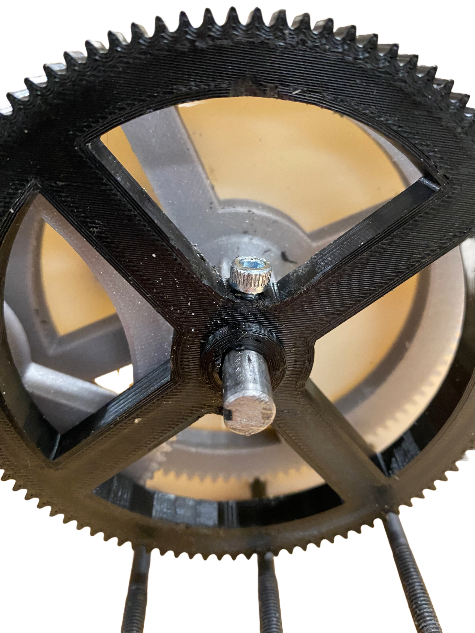 Manufactured carbon-fibre-filled nylon EcoTrim drive gear pinned to its shaft