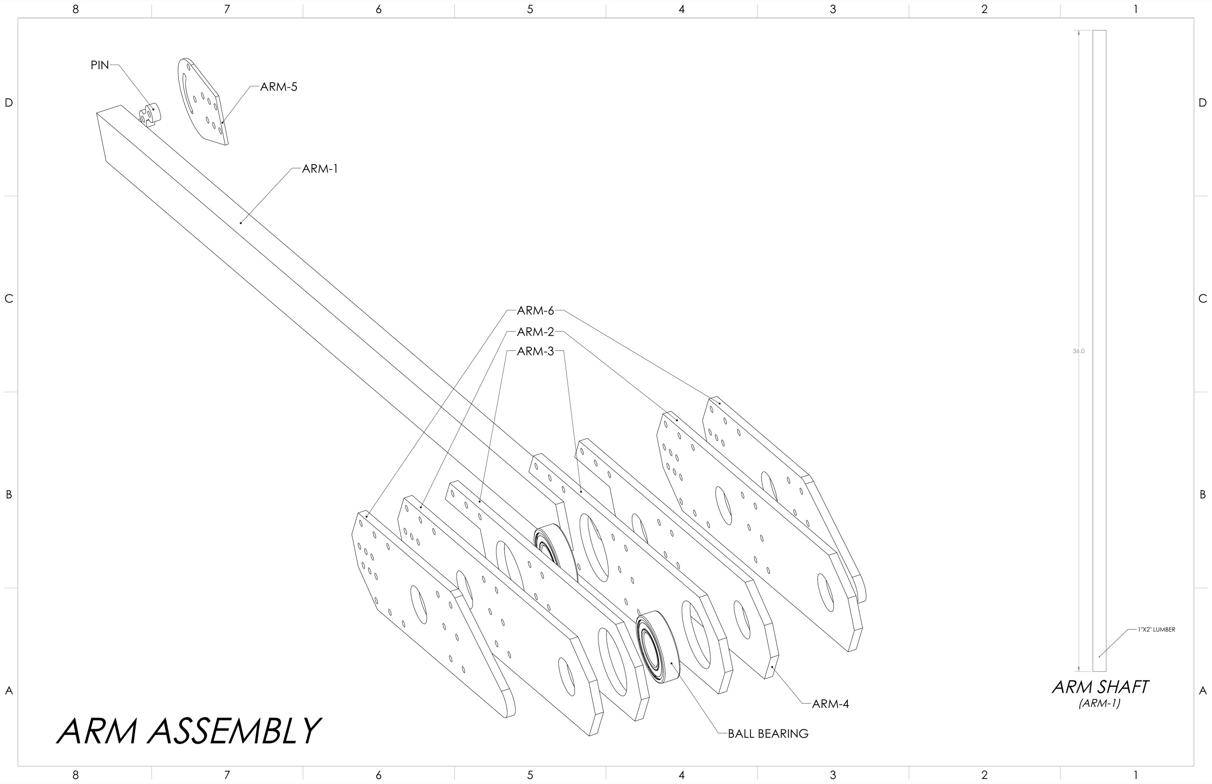 Exploded technical drawing of the trebuchet arm assembly